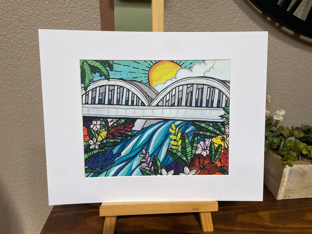 Art Print with matte of original painting of Haleiwa Rainbow bridge