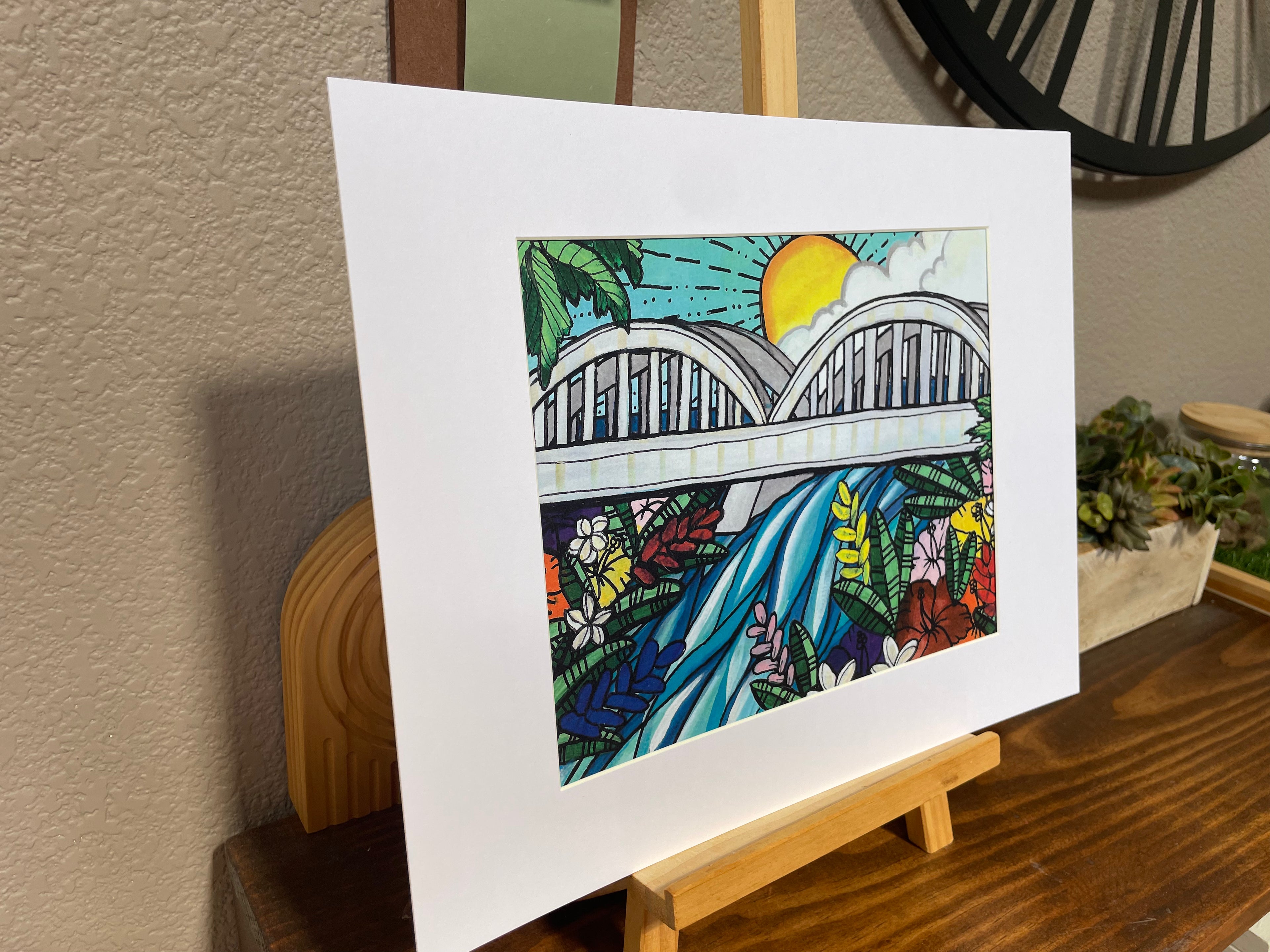Art Print with matte of original painting of Haleiwa Rainbow bridge